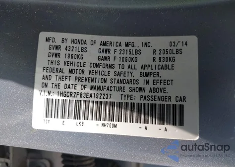 2014 Honda Accord Ex-L z USA, uszkodzony, nr VIN 1HGCR2F83EA192237